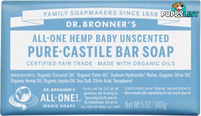 Dr Bronner's Pure Castile Bar Soap Baby Unscented 140g - Dr Bronner's - 018787782057