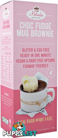 Melindas Choc Fudge Mug Brownie Pre-Mix  200g - Melindas Gluten Free Goodies - 9340527001250