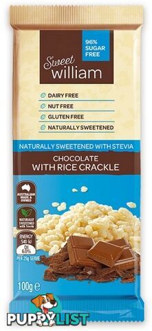 Sweet William Chocolate with Rice Crackle (Stevia sweetened) 100g - Sweet William - 9311259422132