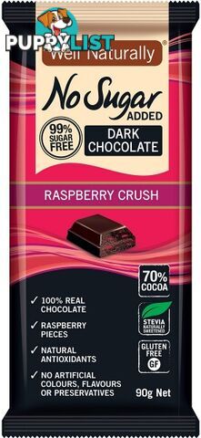 Well Naturally No Sugar Added Dark Chocolate Raspberry Crush Block  12x90g - Well Naturally - 9311914700285