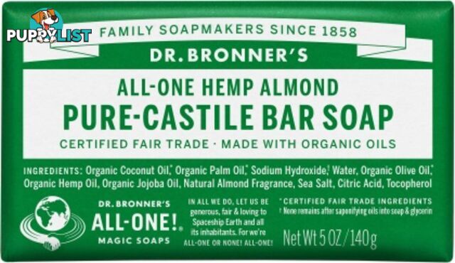 Dr Bronner's Pure Castile Bar Soap Almond 140g - Dr Bronner's - 018787781050