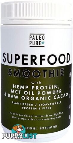 Paleo Pure Superfood Smoothie with Hemp Protein, MCT Oil Powder & Raw Organic Cacao 250g - Paleo Pure - 9354604000036