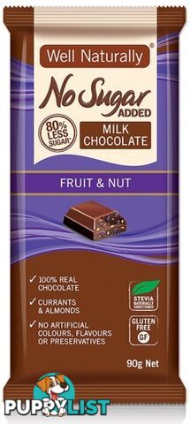 Well Naturally No Sugar Added Fruit & Nut Milk Chocolate 12x90g - Well Naturally - 9311914800039