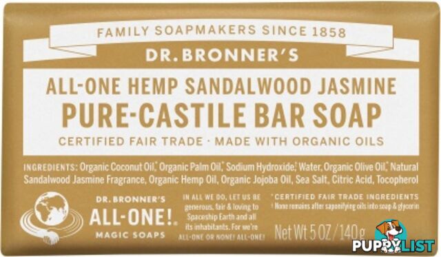 Dr Bronner's Pure Castile Bar Soap Sandalwood Jasmine 140g - Dr Bronner's - 018787792056