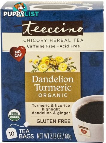 Teeccino Dandelion Turmeric Roasted Herbal Tea 10 Teabags - Teeccino Caffeine Free - 795239433308