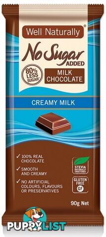 Well Naturally No Sugar Added Creamy Milk Chocolate Block 12x90g - Well Naturally - 9311914800022