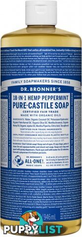 Dr Bronner's Pure Castile Liquid Soap Peppermint 946ml - Dr Bronner's - 018787775325