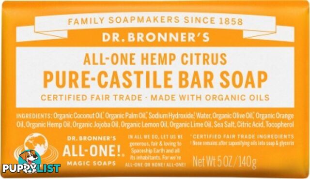 Dr Bronner's Pure Castile Bar Soap Citrus 140g - Dr Bronner's - 018787787052