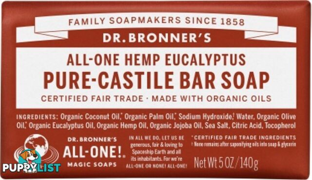 Dr Bronner's Pure Castile Bar Soap Eucalyptus 140g - Dr Bronner's - 018787783054