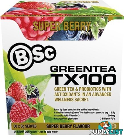 BSc Green Tea TX100 Superberry 60x3g Serve Pack - Body Science - 9330171017530