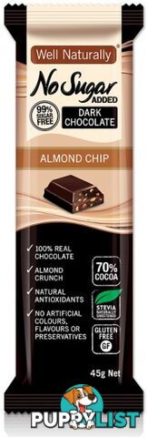 Well Naturally No Sugar Added Dark Chocolate Almond Chip 45gx16Bars - Well Naturally - 9311914601537