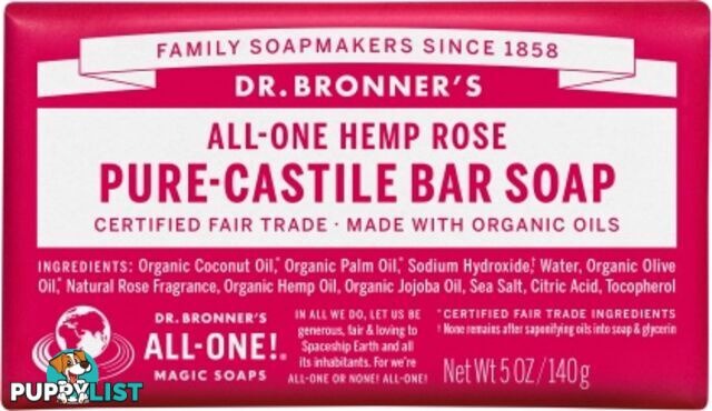 Dr Bronner's Pure Castile Bar Soap Rose 140g - Dr Bronner's - 018787788059