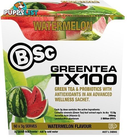 BSc Green Tea TX100 Watermelon 60x3g Serve Pack - Body Science - 9330171021209