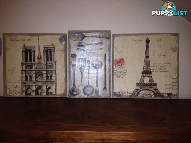 Far Pavilion Set of 3Painting-Notre Dame,Sectional plate & Eiffel