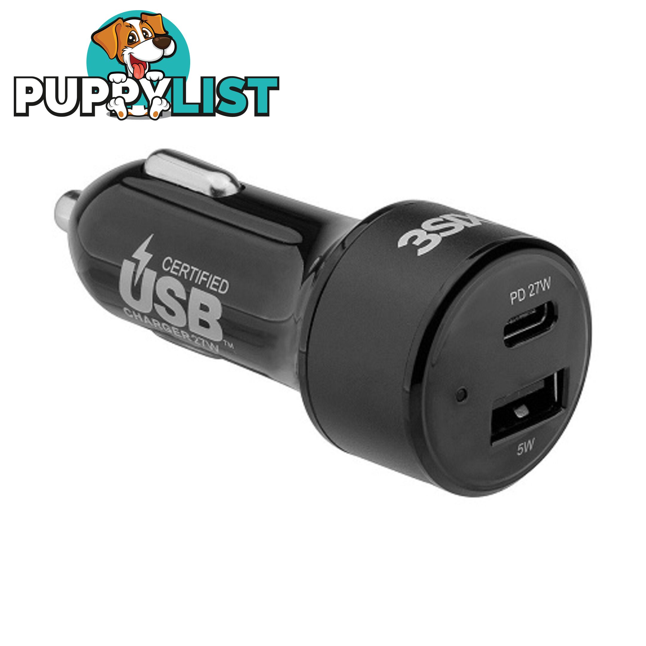 3SIXT USB-C Car Charger with Power Delivery (2.4A/27W) - Black - 9318018127826/3S-1031 - 3SIXT