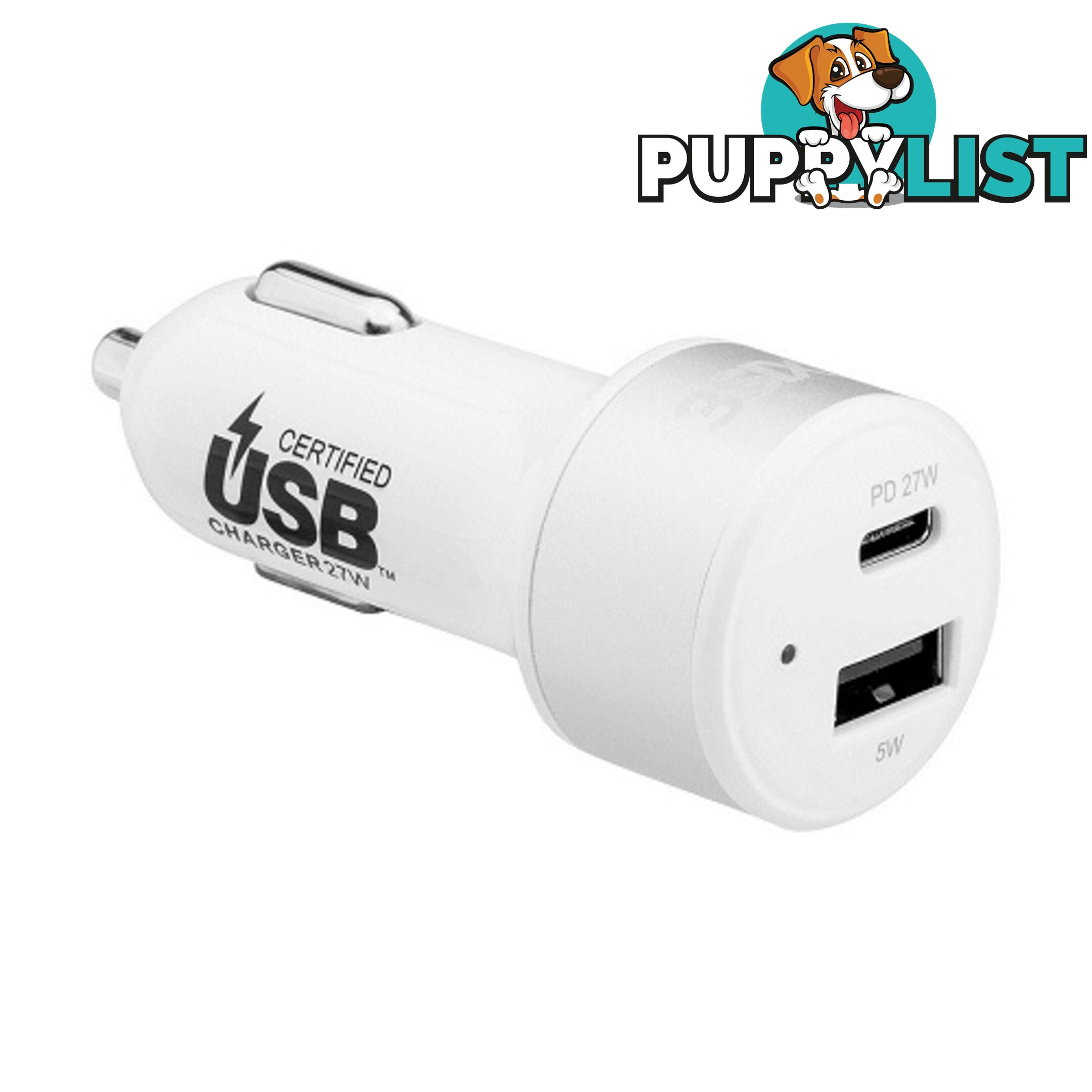 3SIXT Car Charger 27W USB-C Power Delivery + USB-C/C Cable 1m - White - 9318018127857/3S-1034 - 3SIXT