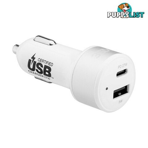 3SIXT Car Charger 27W USB-C Power Delivery + USB-C/C Cable 1m - White - 9318018127857/3S-1034 - 3SIXT