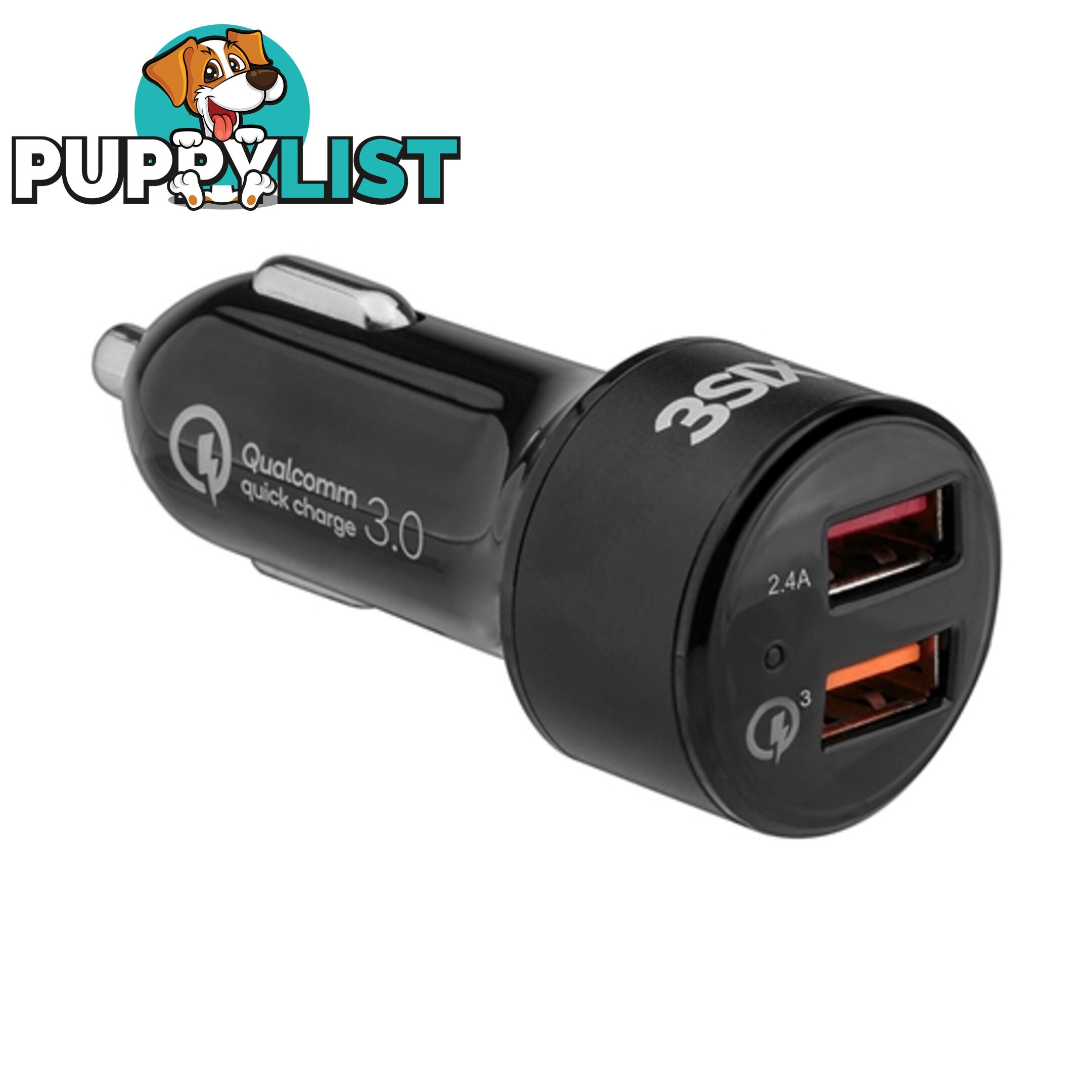 3SIXT Dual USB Car Charger 5.4A  12 / 24V Qualcomm Quick Charge 3.0 - Black - 9318018127789/3S-1027 - 3SIXT