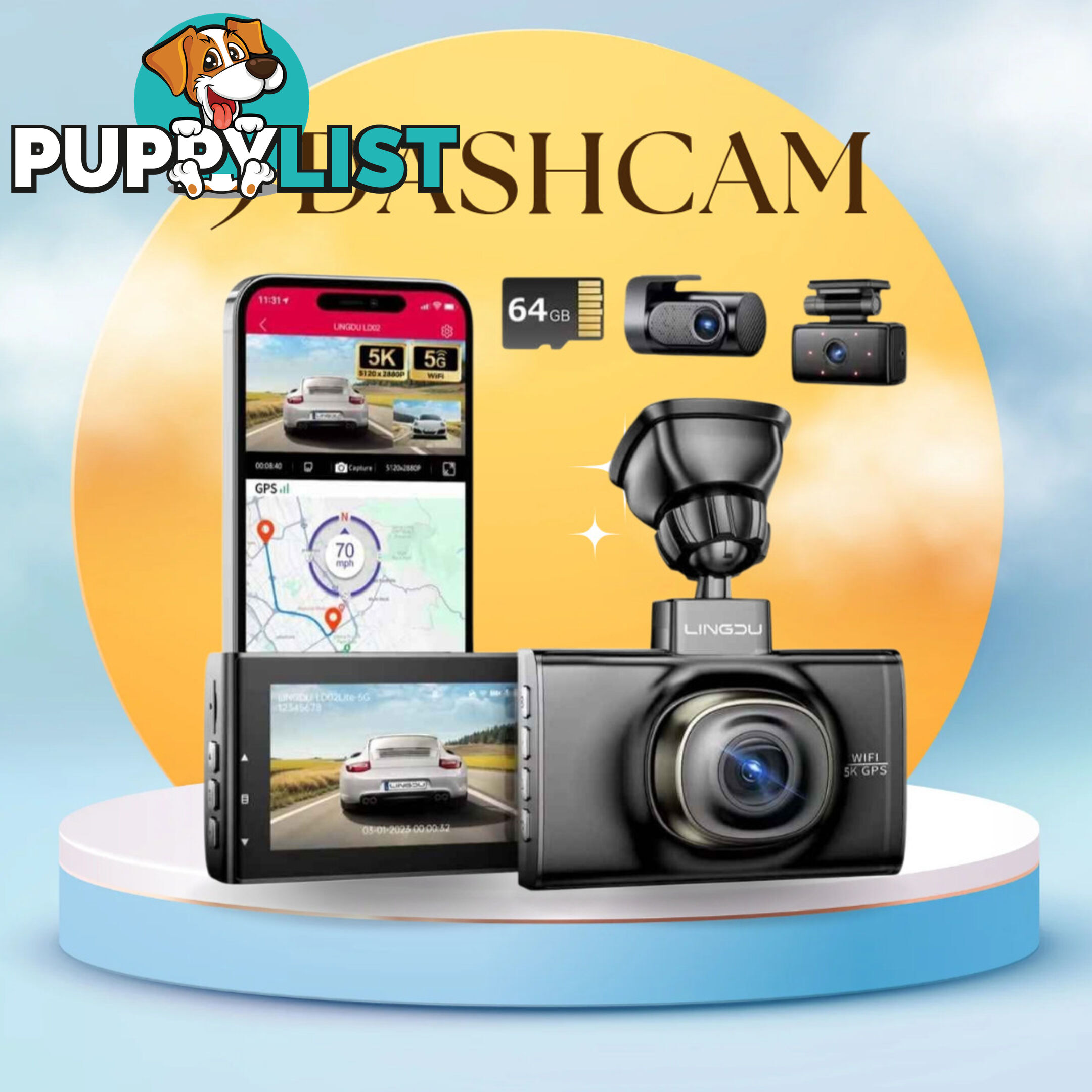 5K LINGDU DashCam 3 Cameras, Ultra HD, WiFi, GPS 3 inch IPS Screen, WDR Night Vision Good quality