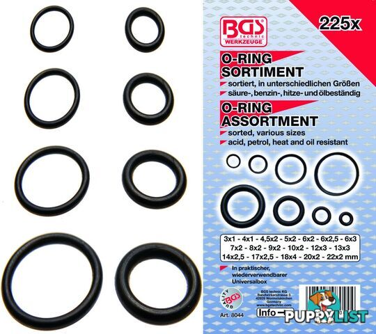 BGS Germany 225-piece Mechanics Plumbers Metric Rubber O-Ring Assortment 3-22mm