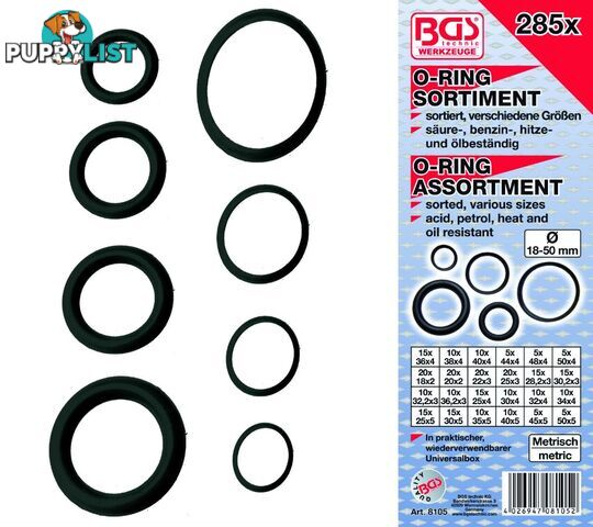 BGS Germany 285-pcs Rubber O-Ring Assortment 18mm-50mm ACID OIL PETROL RESISTANT