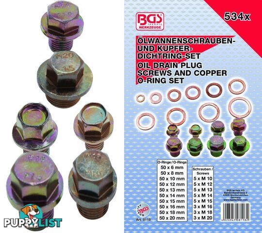 BGS Germany 534-pc Sump Oil Pan Drain Plug O-Ring Copper Washer Metric Asortment