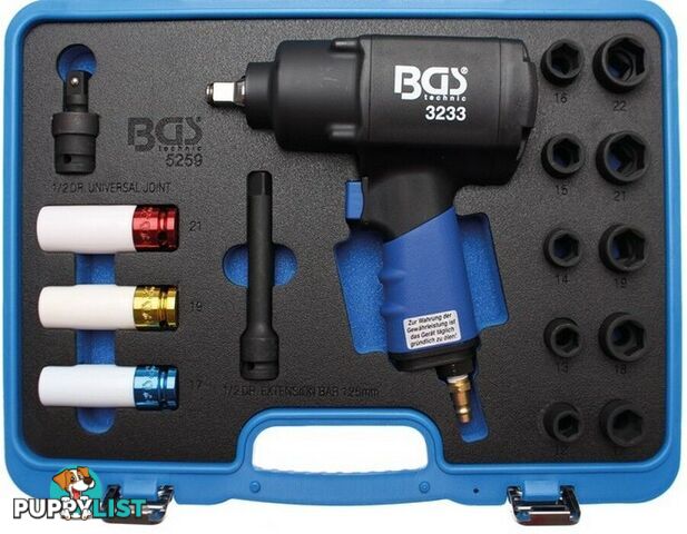 BGS Germany 16-pc 1/2" Air Impact Driver Wrench Rattle Gun 1/2" Drive Socket Set