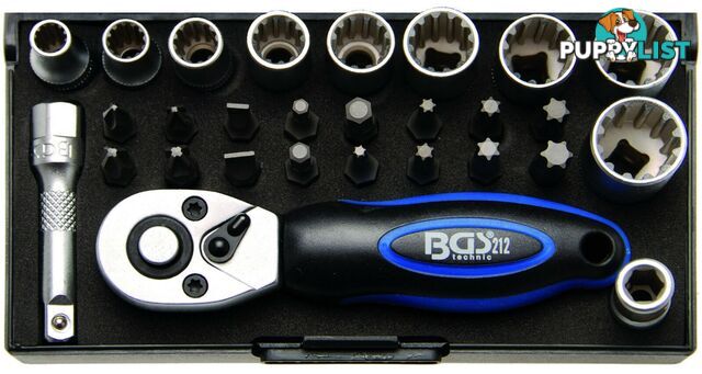 BGS Germany 28-Pc 1/4"Drive Reversible Ratchet Metric AF SAE Torx Socket Bit Set