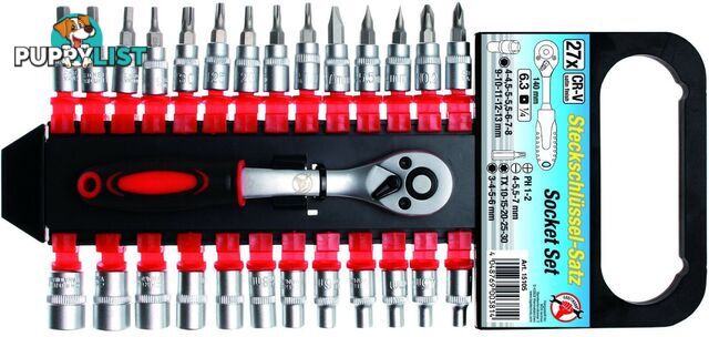 BGS Germany 27-pc Pro Reversible Ratchet Wrench Bit Socket Set Metric 1/4"drive