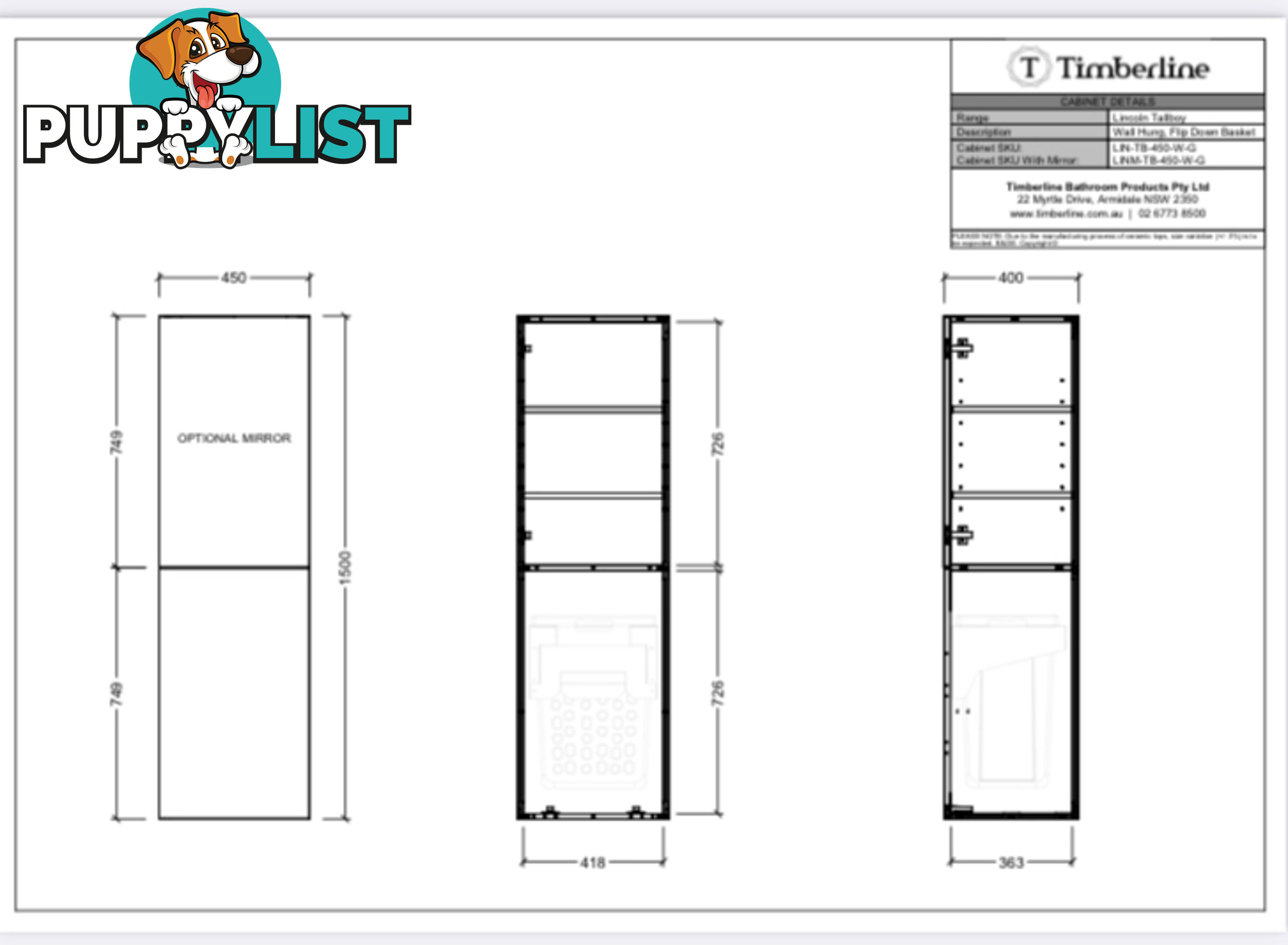 Timberline bathroom wall hung tall boy with tilt out removable laundry basket