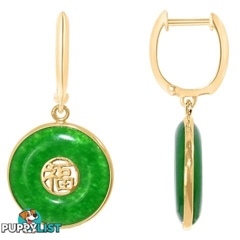 Ladies 14kt Yellow Gold and Jade Good Luck Earrings, Donut Shaped, Dyed Gre