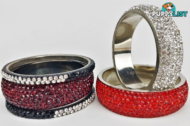 Lot of 5 Crystal Bangles. Red, White & Black