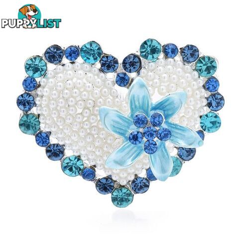 Designer Blue Simulated Diamond & Pearl Floral Love Heart Brooch Pin