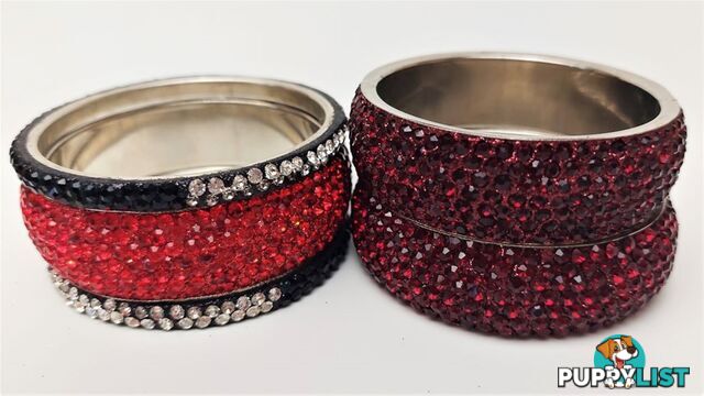 Lot of 5 Crystal Bangles. Red, White & Black