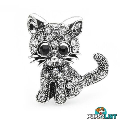 Designer Simulated Diamond Silver Cat Brooch Pin