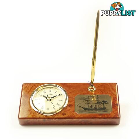 Table Clock With Pen On Wooden Plaque