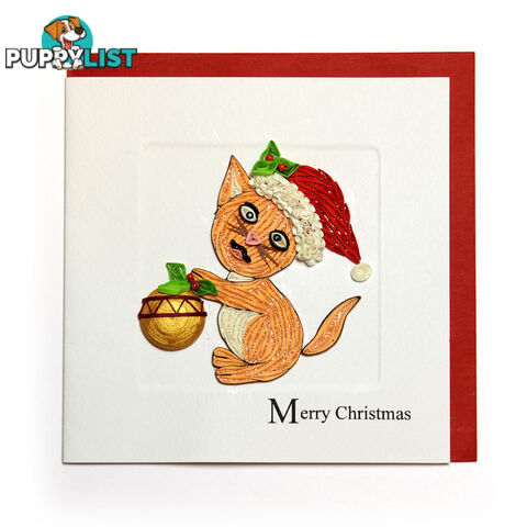 Christmas Quilling Handcrafted Card Cat with Xmas hat