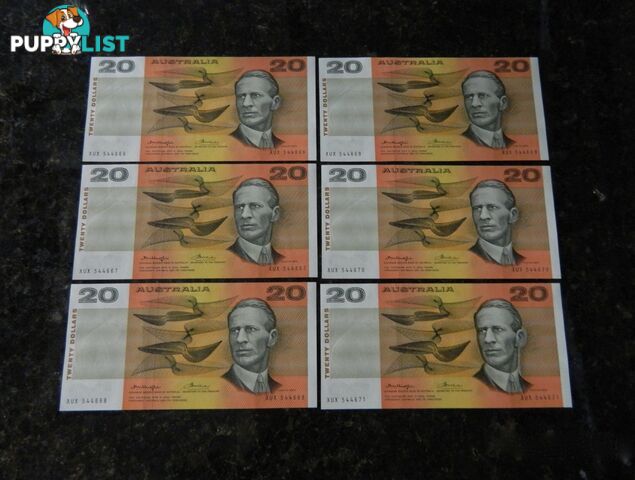 6 x $20 Consecutive AUNC Australian bank Notes