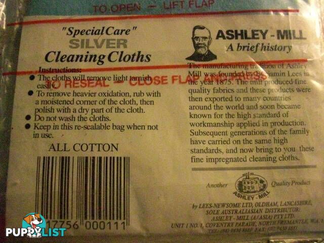 ASHLEY MILL IMPREGNATED CLEANING CLOTHS FOR SILVER ENGLAND MADE..