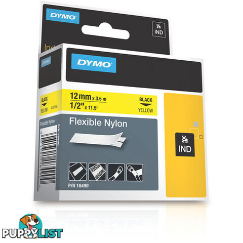 Dymo DY18490 Rhino 12mm x 3.5m Nylon Labelling Tape Black on Yellow - Dymo - 71701184900 - DY18490