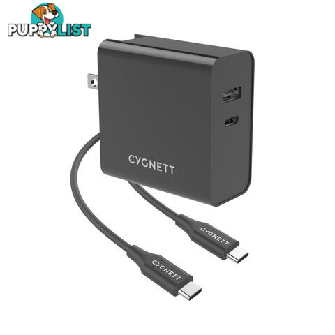 Cygnett CY3089POPLU 60W Dual Wall Charger + USB-C to USB-C Cable 1.5M + Travel Adapters - Black - Cygnett - 848116025254 - CY3089POPLU