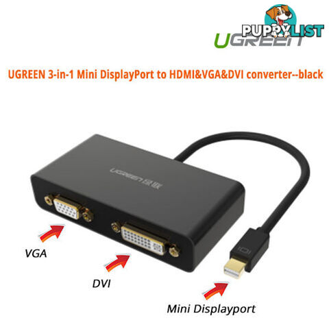 UGREEN ACBUGN10440 3-in-1 Mini DisplayPort to HDMI&VGA&DVI converter-black - Ugreen - 6957303814404 - ACBUGN10440