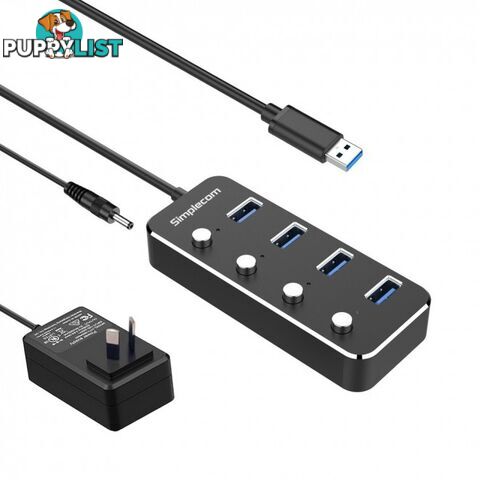 Simplecom CH345PS Aluminium 4-Port USB 3.0 Hub with Individual Switches and Power Adapter - Simplecom - 9350414002574 - CH345PS