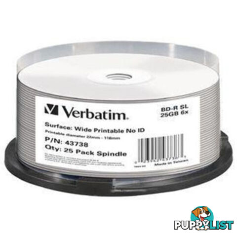 Verbatim 43738 BD-R 25GB 6X Blu-Ray - 25 Pack Spindle - Verbatim - 023942437383 - 43738