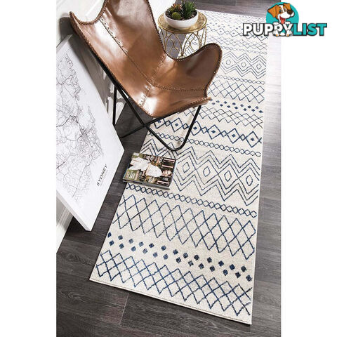 Oasis Nadia White Blue Rustic Tribal Runner Rug 500X80cm  - OAS-453-WBLU-500X80