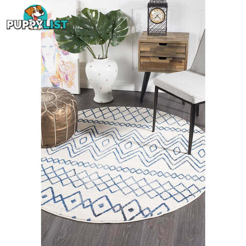 Oasis Nadia White Blue Rustic Tribal Round Rug 200X200cm  - OAS-453-WBLU-200X200