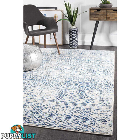 Oasis Ismail White Blue Rustic Rug 400X80cm  - OAS-456-BLUE-400X80