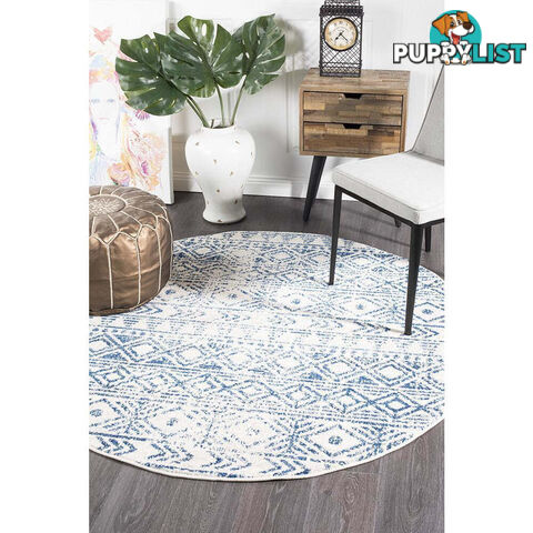 Oasis Ismail White Blue Rustic Round Rug 150X150cm  - OAS-456-BLUE-150X150