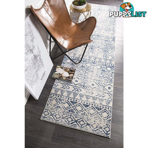 Oasis Ismail White Blue Rustic Runner Rug 400X80cm  - OAS-456-BLUE-400X80