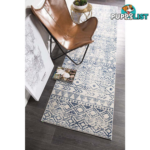 Oasis Ismail White Blue Rustic Runner Rug 500X80cm  - OAS-456-BLUE-500X80